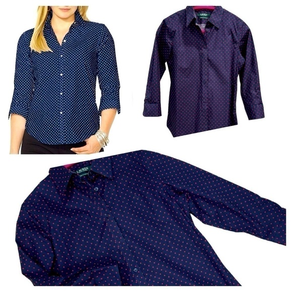 LAUREN RALPH LAUREN Stretch non Iron Cotton Shirt polka dots Blue/Red size S - Picture 1 of 15